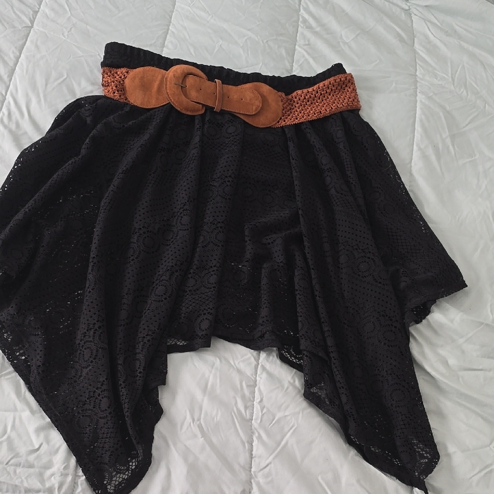 Black Lace Skirt with Brown Belt